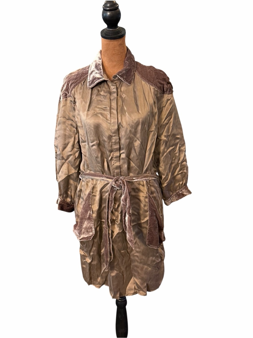 BGN Women's Silk Velvet Shirt Dress Size 2 New Taupe Grey Slouch Pockets Belted